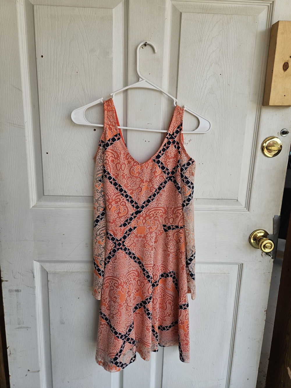 Women's love, Fire Coral Pattern Mini Dress with Navy Trim Cold Shoulder Guc